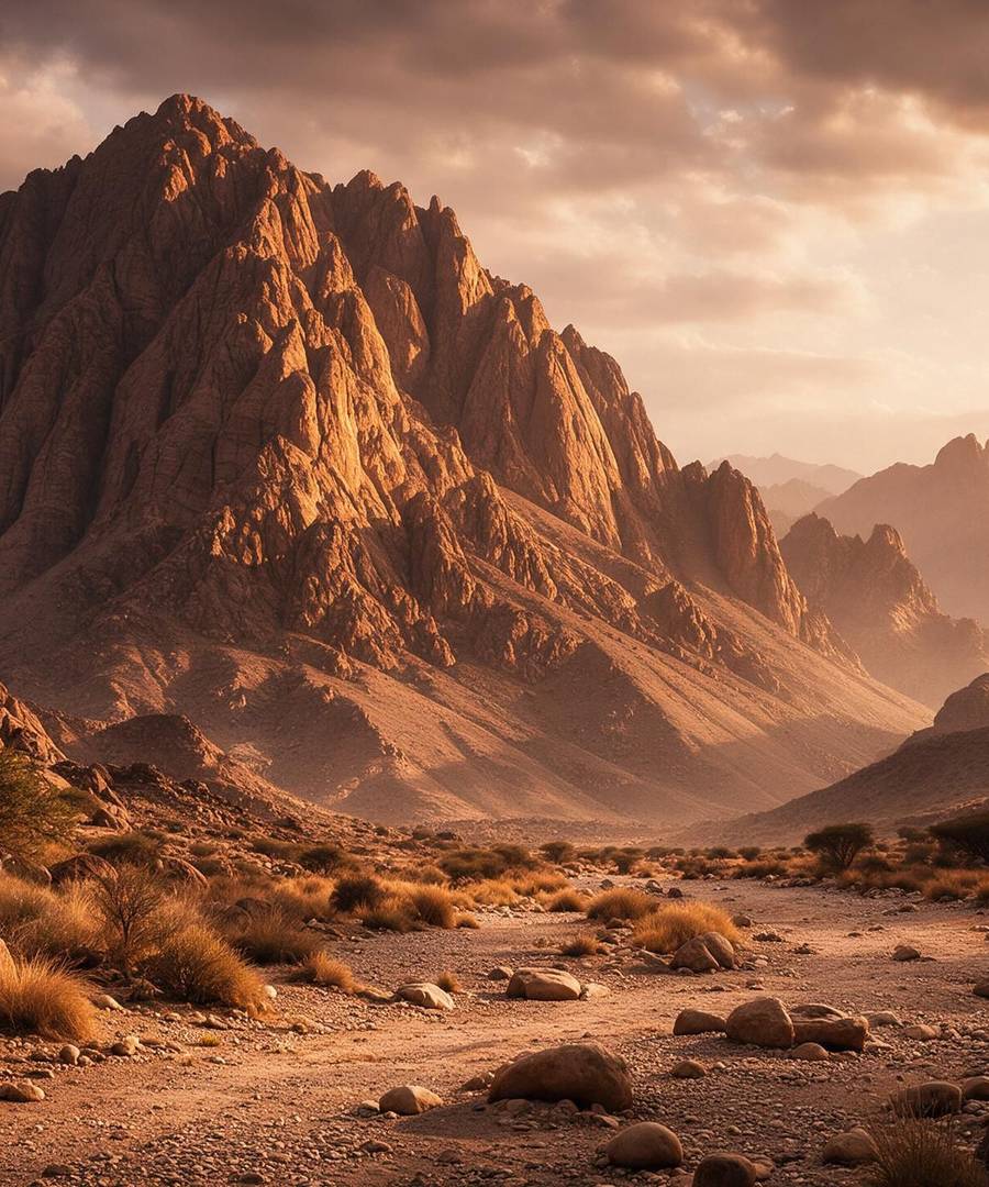 Red rock peaks above Wadi Naqab in the Hajar Mountains