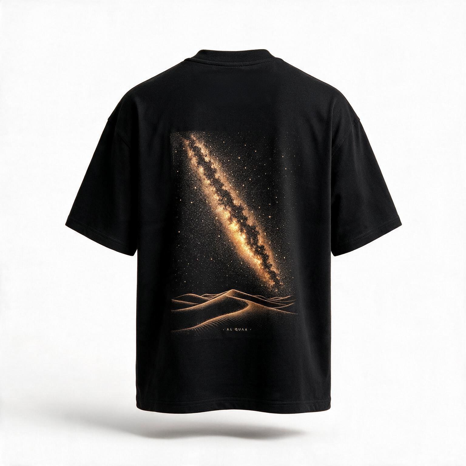 Al Quaa Galaxy Tee, oversized fit — the Milky Way over the dunes printed across the back