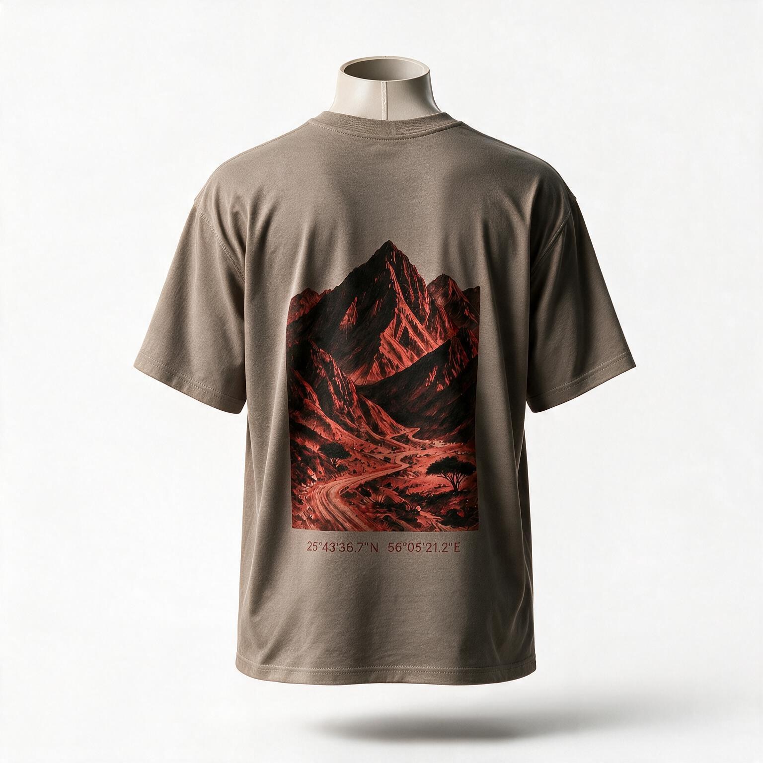 Hajar Mountains Tee, oversized fit — red rock of the Hajar range printed across the back