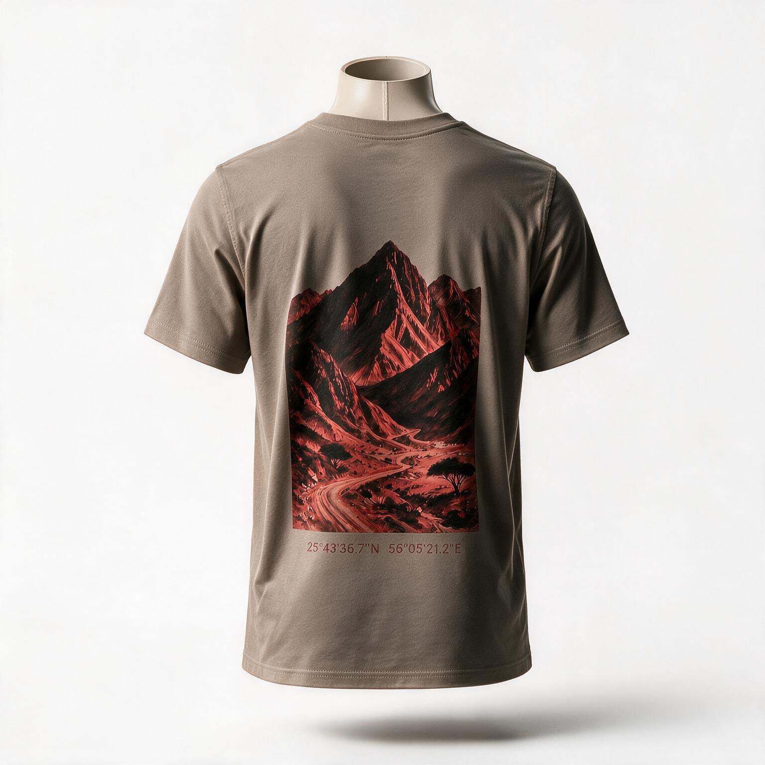 Hajar Mountains Tee, regular fit — red rock of the Hajar range printed across the back