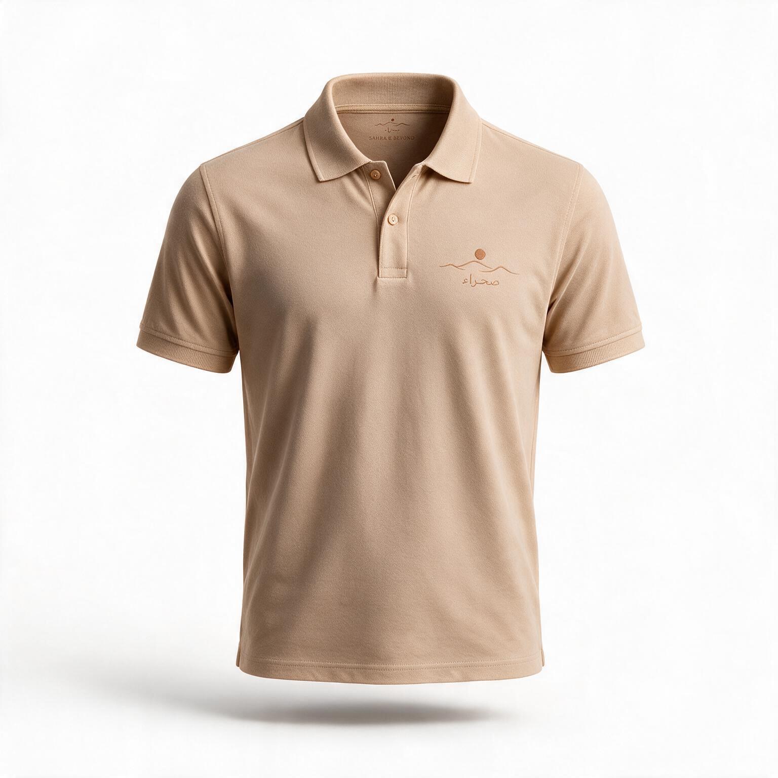 The Sahra Polo in sand — 240gsm piqué cotton with an embroidered chest logo