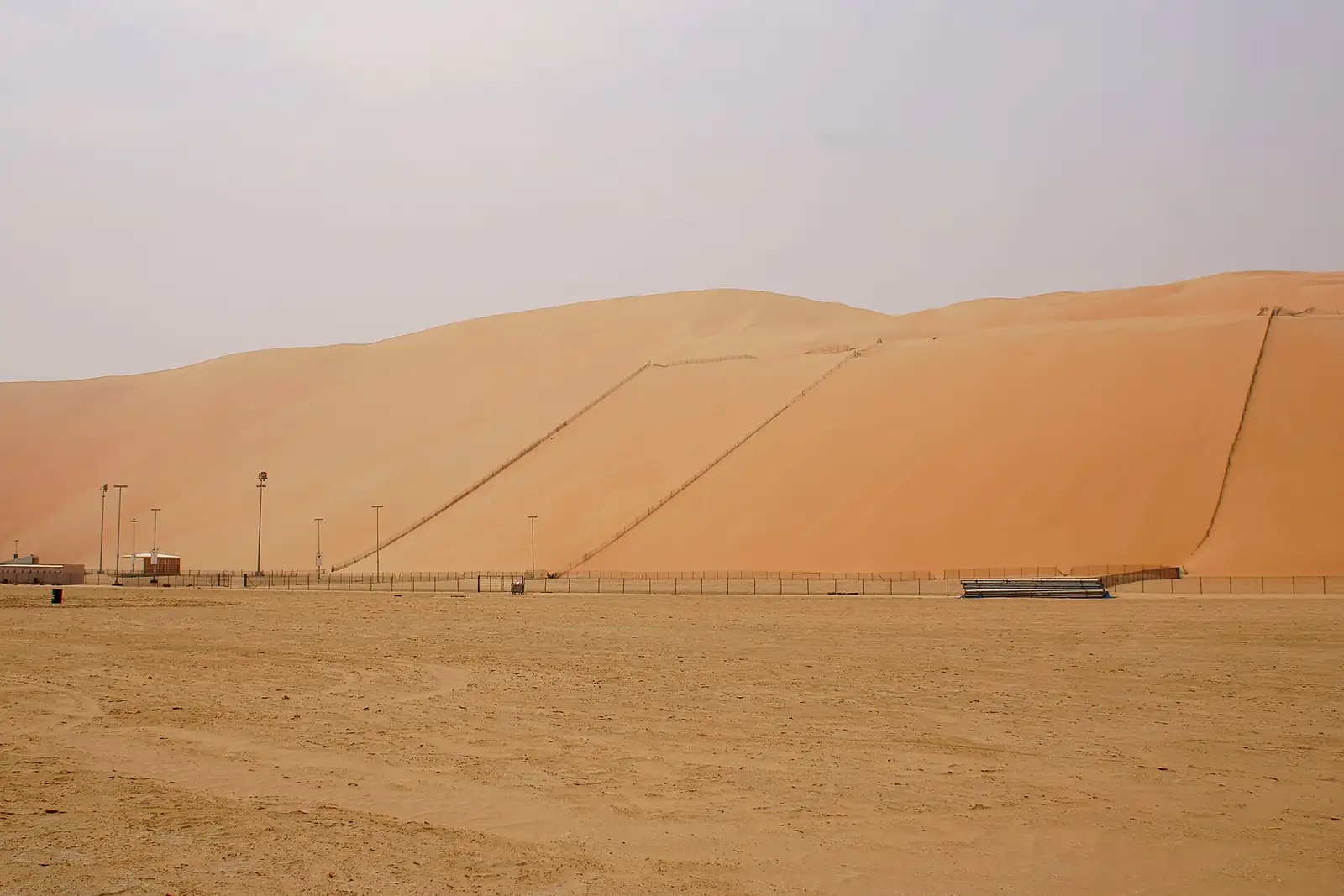 The steep face of Moreeb Dune in Liwa, with hill-climb tracks running up the sand