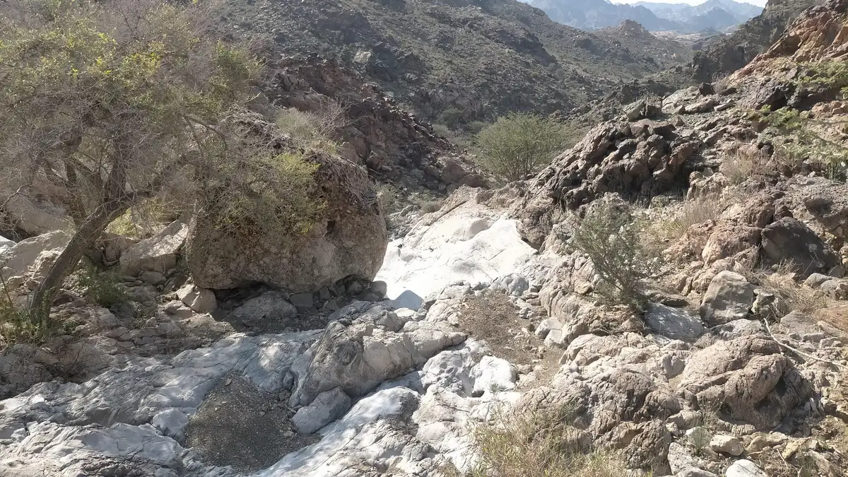 The upper course of the eastern arm of Wadi Kub, showing the rocky Hajar Mountain valley.